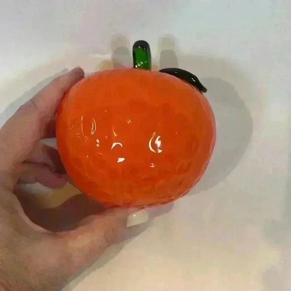 Vintage Orange Citrus Blown Glass Fruit Paper Weight Kitchen Decor Green Stem - Picture 4 of 5